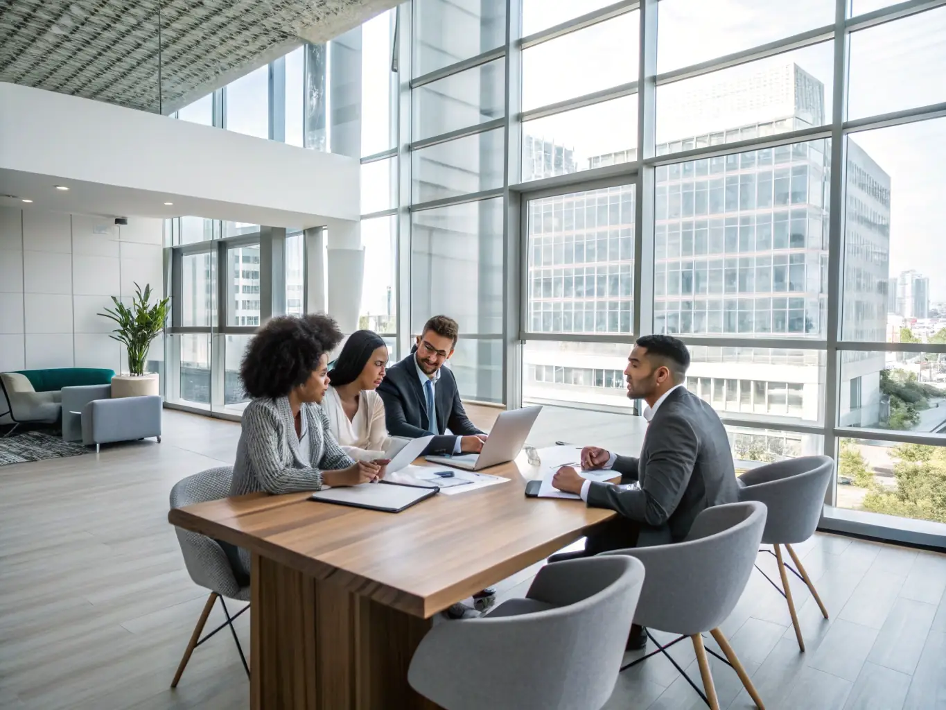 A group of professionals collaborating around a table, symbolizing corporate law, with an emphasis on business growth and compliance.