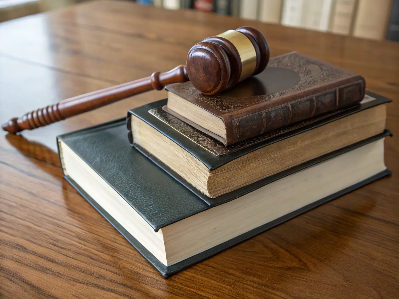 A gavel resting on a stack of legal books, symbolizing criminal law, with a blurred background of a courtroom.