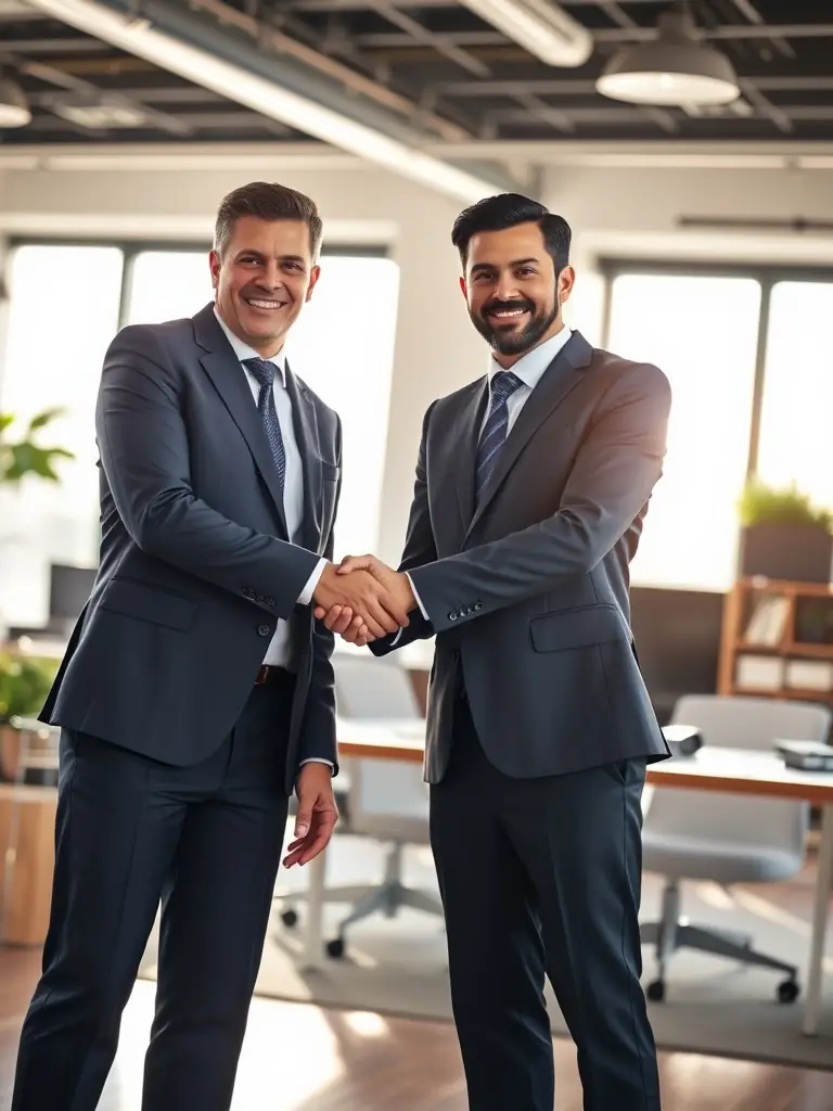 Two business people shaking hands in front of a courthouse, representing civil litigation. The image is bright and professional, symbolizing resolution and agreement.